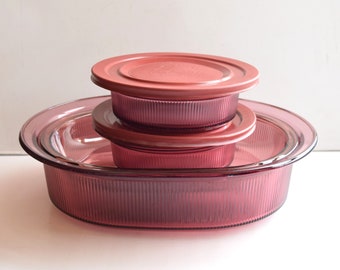 Set of 6 Cranberry Pieces Vision Corning Glass Cookware with Lids