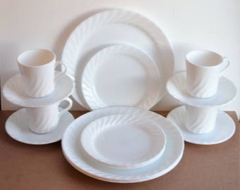 Set of 16  piece corelle enhancements white swirl Dinnerware by Corning 4 Place Table settings