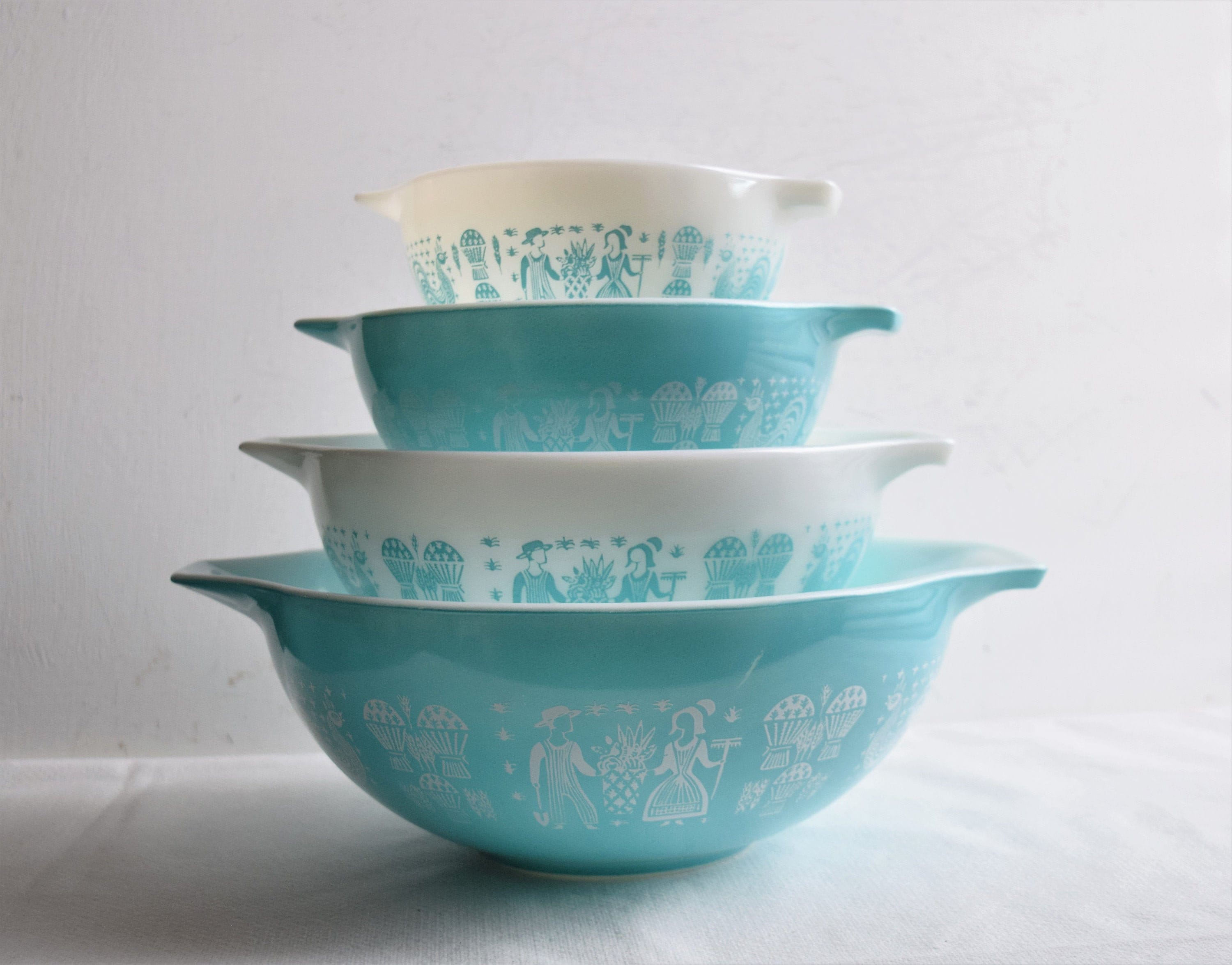 Ensemble de 4 Bols Mélange Bleu Turquoise et Blanc Pyrex Amish Butterprint Cendrillon/Vaisselle en V