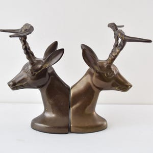 Set of 2 Antelope Head Brass Bookends Metal Ornamentals Household Collectible Accessories