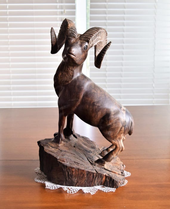 アンティーク雑貨 Ram Large Mahogany Bighorn Sheep Carving: Vintage Wood Ram Figurine - Etsy