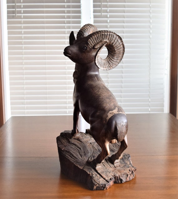 Large Mahogany Bighorn Sheep Carving: Vintage Wood Ram Figurine