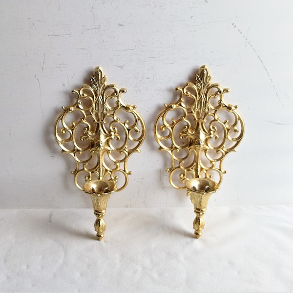 Free Shipping Set of 2 Vintage  Brass Wall Sconces/Vintage Wall Hangings/Vintage Candle Holders/Home Decor Wall Hangings