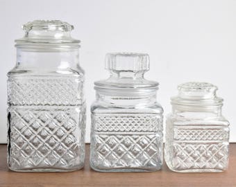 Set of 3 Matching Glass Cookie jars  Made in USA  / Kitchen Decor/Kitchen Storage Glass Jars/Diamond Pattern Jars/Kitchen Glassware