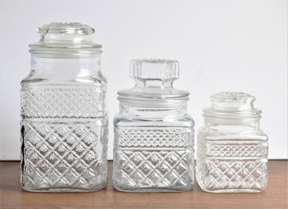 Set of 3 Matching Glass Cookie Jars Made in USA / Kitchen Decor/kitchen  Storage Glass Jars/diamond Pattern Jars/kitchen Glassware 