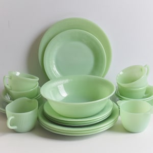 Fire King Jadeite Dinnerware  Set of 23 Pieces  Jane Ray Green Dishes  Made in the USA 4 Table Place Setting