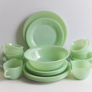 Fire King Jadeite Dinnerware  Set of 23 Pieces  Jane Ray Green Dishes  Made in the USA 4 Table Place Setting