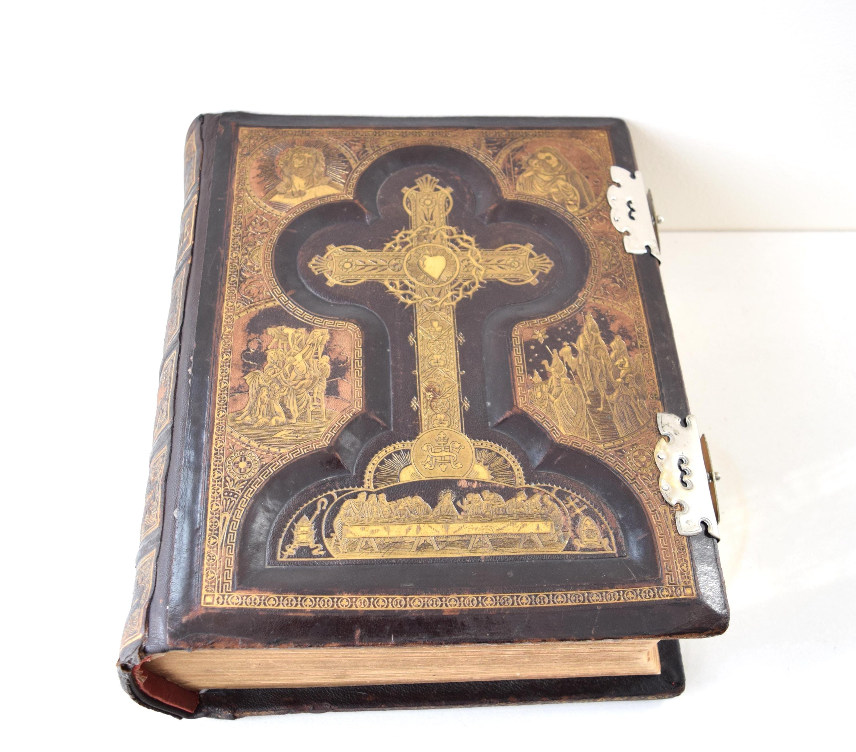 Antique Holy Catholic Bible Douay & Rheims 1800's leathers Gilt Cover Bible Christian Books Literatures
