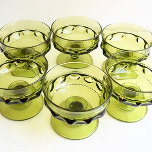 Set of 6 Green King's Crown Thumbprint Dessert Goblets /Wine Glasses / Vintage Glassware