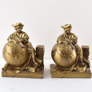 Set of 2 Christopher Columbus World Globe Brass Bookends Metal Ornamentals Household Collectible Accessories