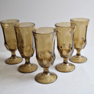 Set of 5 Vintage Smoked Amber Heavy Goblets/Wine Glasses/Vintage Glassware