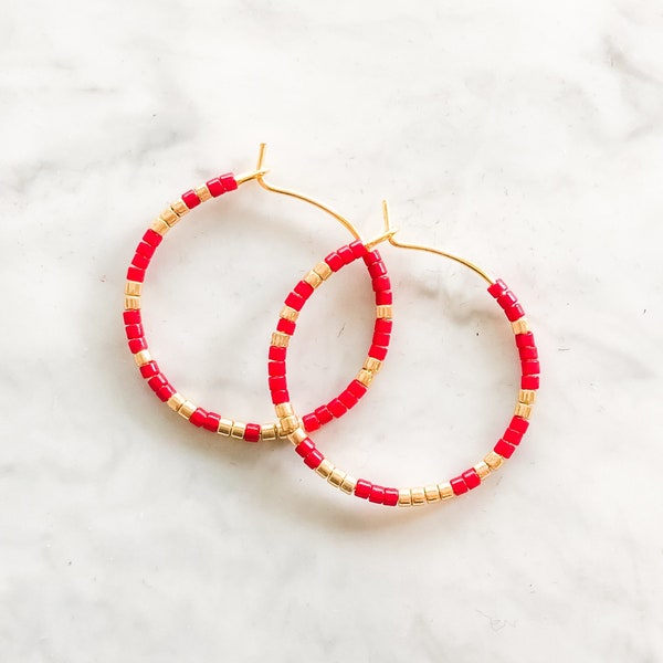 Authentic Native American Beaded Small Hoop Earrings-Red