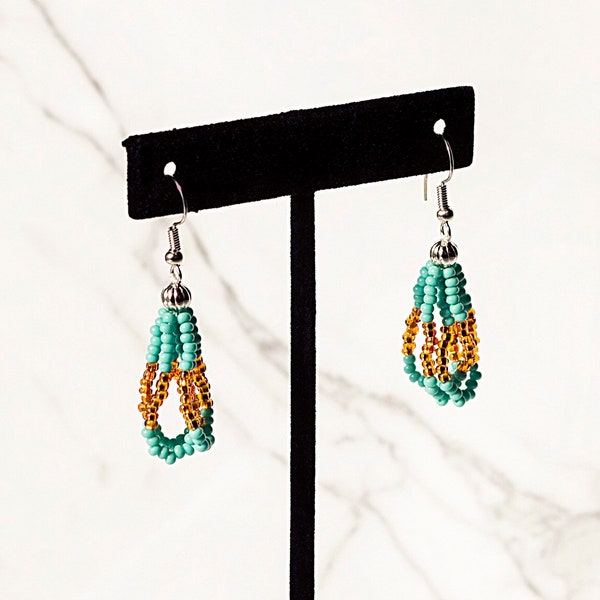 Authentic Native American Beaded Loop Earring-Turquoise/Gold
