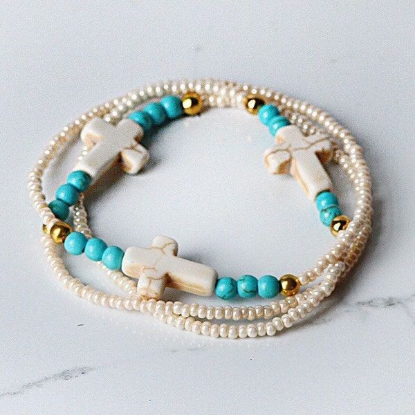 Authentic Native American Beaded white cross stretch bracelet with turquoise accent