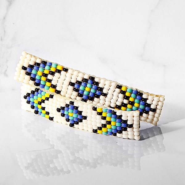 The Duo-Authentic Native American Beaded Barrette Pair in White/Blue