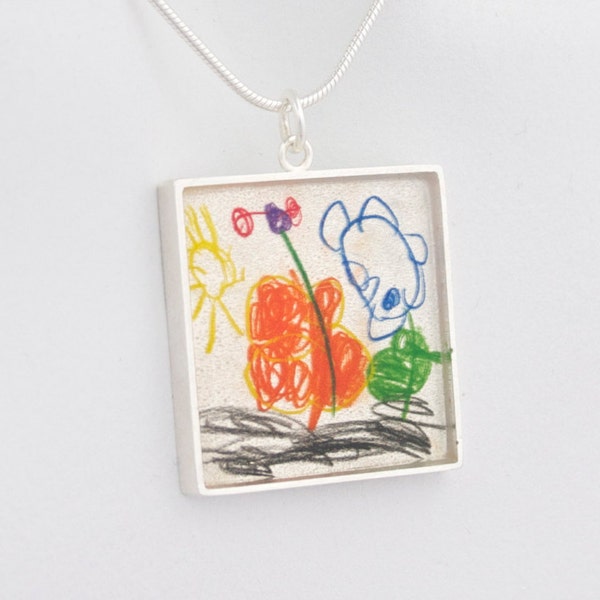 Kids Artwork Necklace- Single Frame- Kids Drawings Necklace- Kids Art Necklace- Wearable Art- Mother Gift