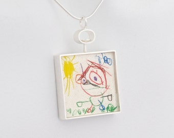 Child Artwork Necklace- Two Sided w/ Swivel Bail- Kids Drawings Necklace- Kids Art Necklace- Wearable Art- Mother Gift