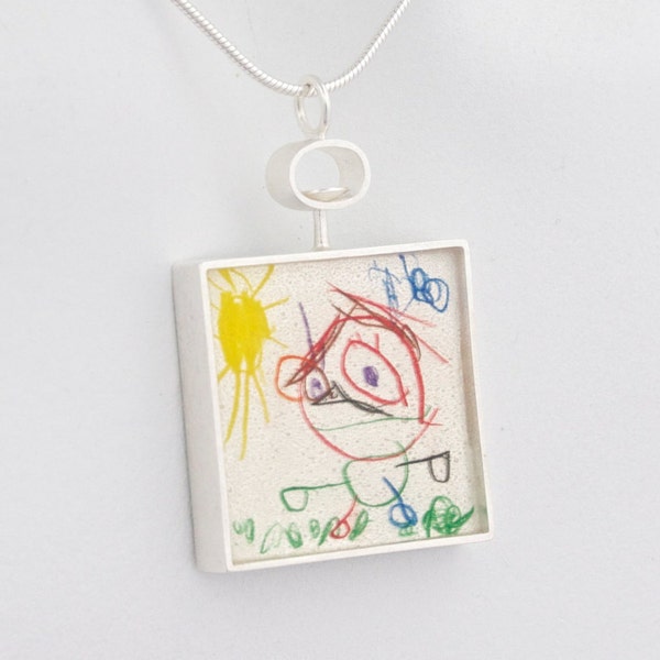 Child Artwork Necklace- Two Sided w/ Swivel Bail- Kids Drawings Necklace- Kids Art Necklace- Wearable Art- Mother Gift