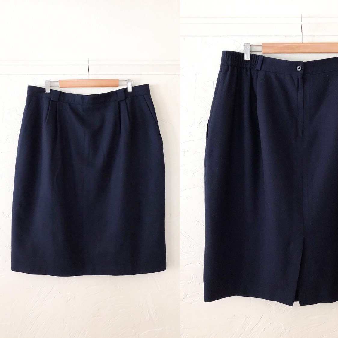 Navy Wool Midi Pencil Skirt With Pockets Vintage Wool Pencil | Etsy