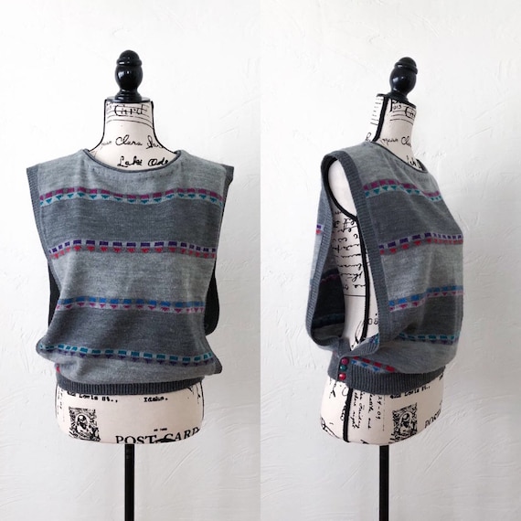 Gitano 1990s Open Arm Knot Sweater Vest, Vintage Gray Multicolored Sweater Vest, Vintage Knit Vest, 1990s Gray Sweater Vest