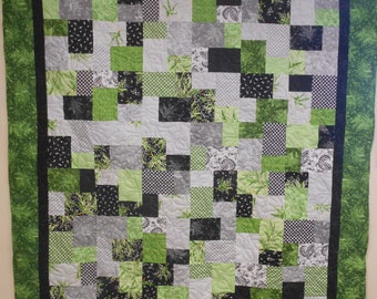 Quilt, Handmade Quilt, Twin Size Quilt, Black, Green and Grey Accent Quilt, 69" x 78"