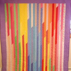 Handmade Patchwork Quilt, Vertical Striped Primary Color Rainbow Quilt, 77&quot; x 91&quot;