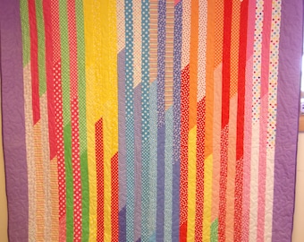 Handmade Patchwork Quilt, Vertical Striped Primary Color Rainbow Quilt, 77" x 91"