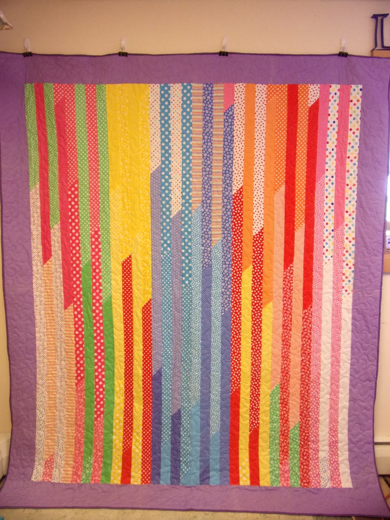 Handmade Patchwork Quilt, Vertical Striped Primary Color Rainbow Quilt