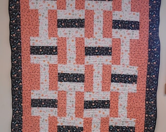 Peach Throw Quilt: Handmade Cotton Fence Rail Block (50" x 65")