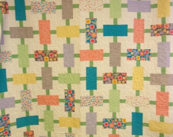 Handmade Large Floral Quilt, Colorful Flowers Linked with Green Quilt, 88" x 95"