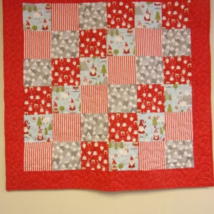 Handmade Patchwork Red Baby Quilt, Red Gnome Christmas Baby Quilt, 40&quot; x 40&quot;
