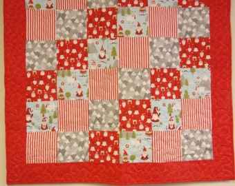 Handmade Patchwork Red Baby Quilt, Red Gnome Christmas Baby Quilt, 40" x 40"