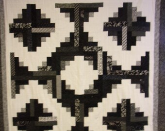 Handmade Black and White Quilt, Traditional Log Cabin Queen Quilt, 80" x 90"