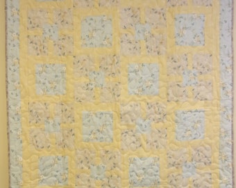 Handmade Patchwork Yellow and Gray Quilt, 45" x 62"