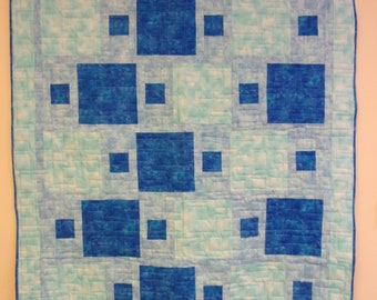 Blue Quilted Throw, Lap Quilt In Shades of Blue, 45" x 59"