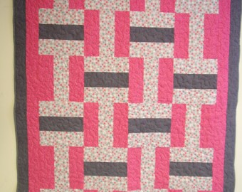 Handmade Pink and Grey Polka Dot Cotton Quilt (47" x 65")