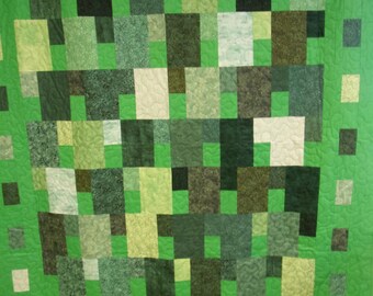 Handmade Green Quilt, Many Shades of Green Quilt, 74" x 84"