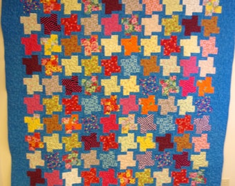 Handmade Scrappy Pinwheel Quilt: Full Size Multi-Color Cotton (72" x 84")