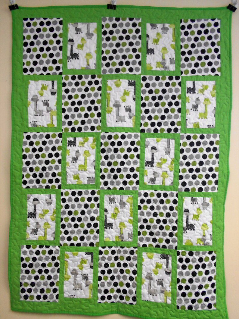 Handmade Crib Size Quilt, Baby Dinos Green and Grey Quilt, 43 x 59 image 1