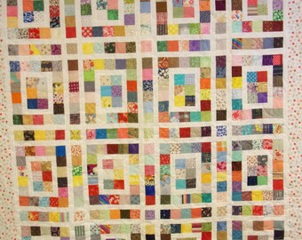Handmade Scrappy Quilt, Many Colorful Squares Quilt 64" x 75"