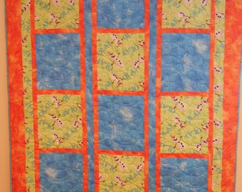 Colcha Olaf feita à mão: colcha juvenil azul e laranja (127 cm x 162 cm)