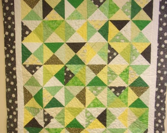 Twin Size Quilt, Handmade Sheep Printed Quilt, Yellow and Green Twin Size Quilt, 65" x 73"