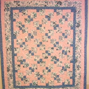 Quilt, Handmade Pink and Blue Twin Size Quilt, 68&quot; x 81&quot;