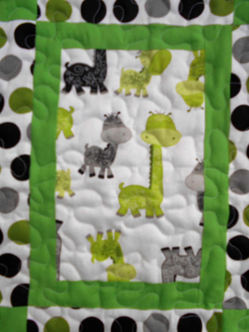 Handmade Crib Size Quilt, Baby Dinos Green and Grey Quilt, 43 x 59 image 2