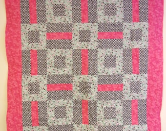 Handmade Rose Print Throw Quilt: Pink, Grey & Mint Green (47" x 62")