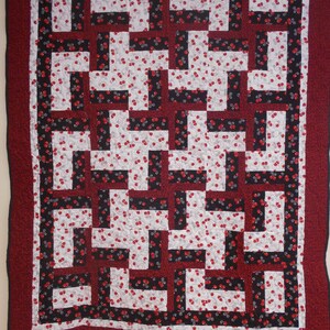 Quilt, Handmade Throw Quilt, Cherry Twist Quilted Throw, Youth Quilt, Red and Black Quilt, 46&quot; x 58&quot;