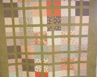 Quilt, Handmade Green and Brown Queen Size Quilt, 82" x 90"