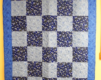 Lap Quilt, Throw Quilt, Handmade Lap Quilt, Blue Floral Lap Quilt, 48" x 64"