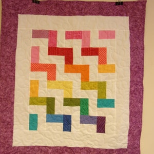 Handmade Quilt, Rainbow Step Purple Border Baby Quilt 34&quot; x 39&quot;