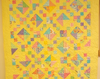 Handmade Yellow Diamond Chain Quilt: Toddler Youth Bedding (57" x 66")